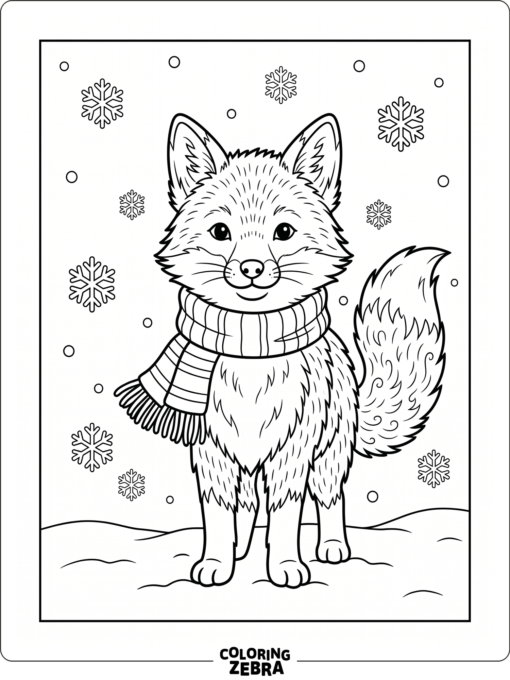 A fox wearing a scarf in falling snow