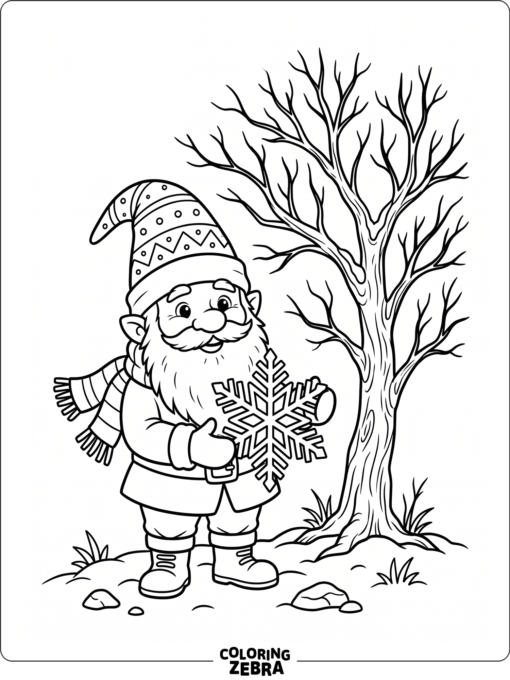 A winter gnome holding a snowflake