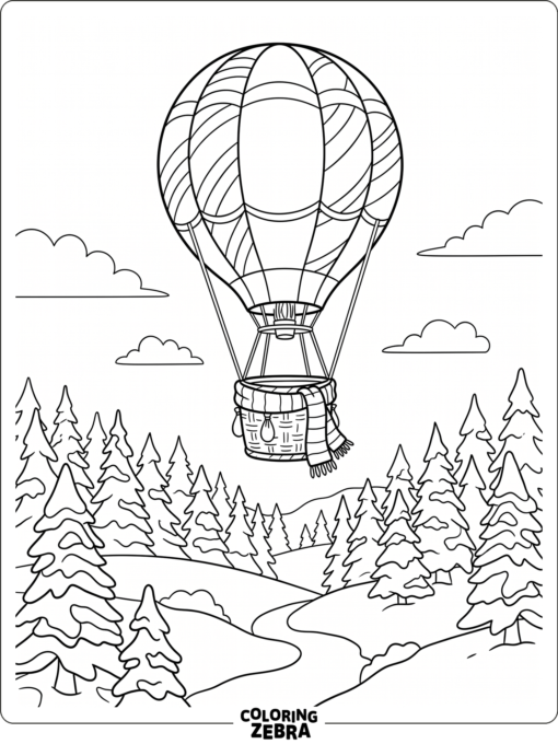 A hot air balloon floating over snowy trees in winter