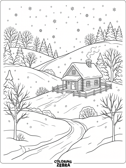 A winter hill scene with bare trees, a cabin, and snow
