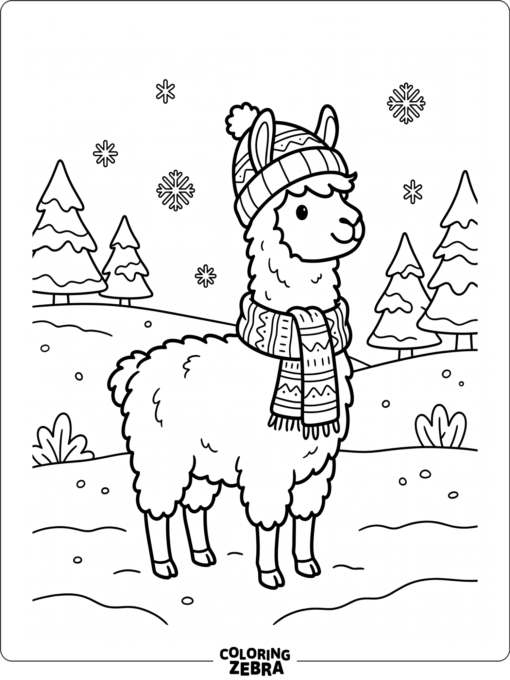 A llama wearing a scarf in the snow