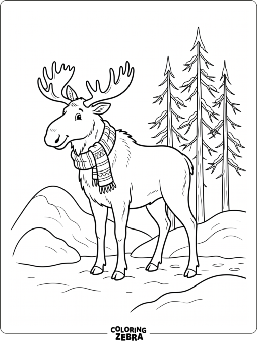A moose in a scarf standing near snowy pines