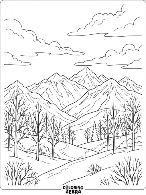 Snowy mountains with bare trees and clouds