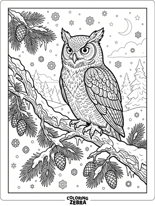 An owl perched on a snowy branch