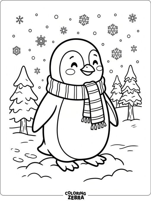 A penguin in snow with a scarf