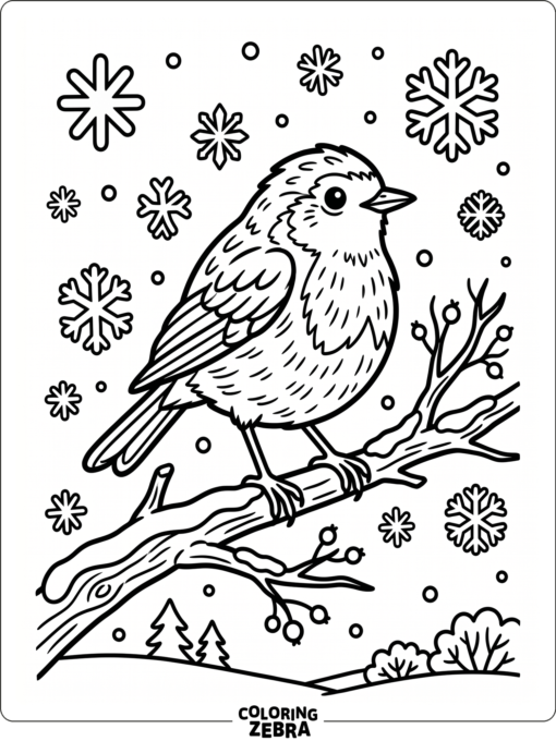 A winter robin perched on a bare branch with snowflakes