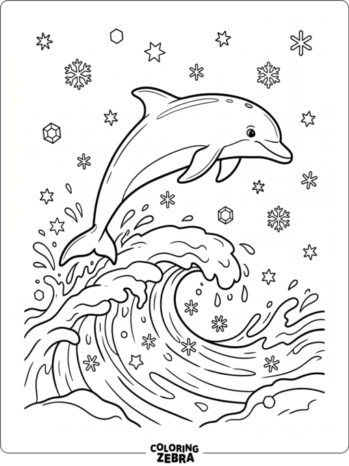 A dolphin leaping through a snowy wave