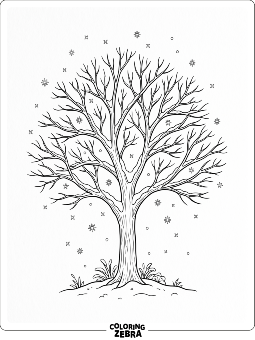 A winter tree with bare branches and falling snow