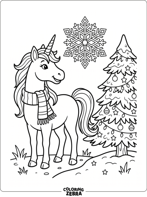 A unicorn in a scarf near a snowflake