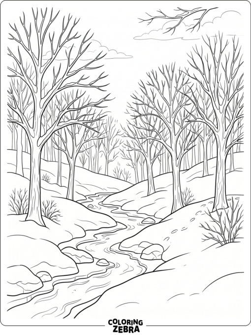 A winter woodland with snowdrifts, bare trees, and a stream