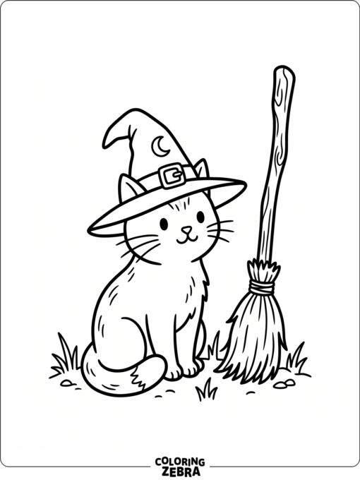 A witch cat with a broom and hat