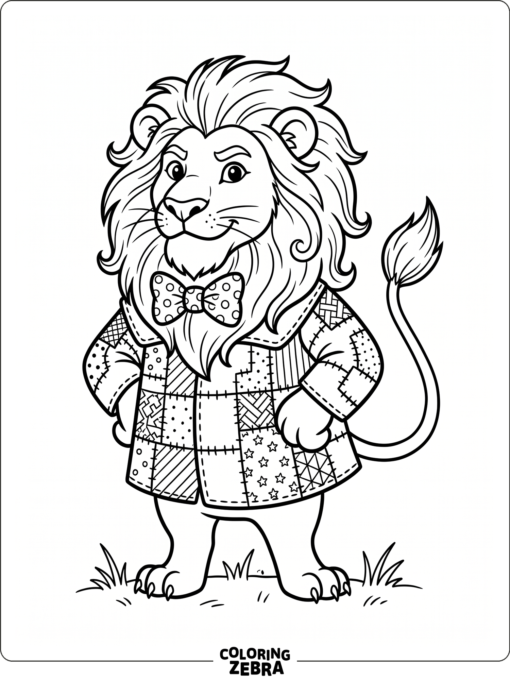 A lion in a bow tie and patchwork coat