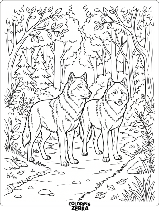 Two wolves standing on a forest path