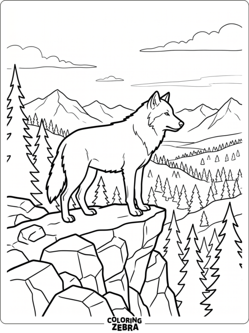 A wolf standing on a rocky ledge with pine trees behind it