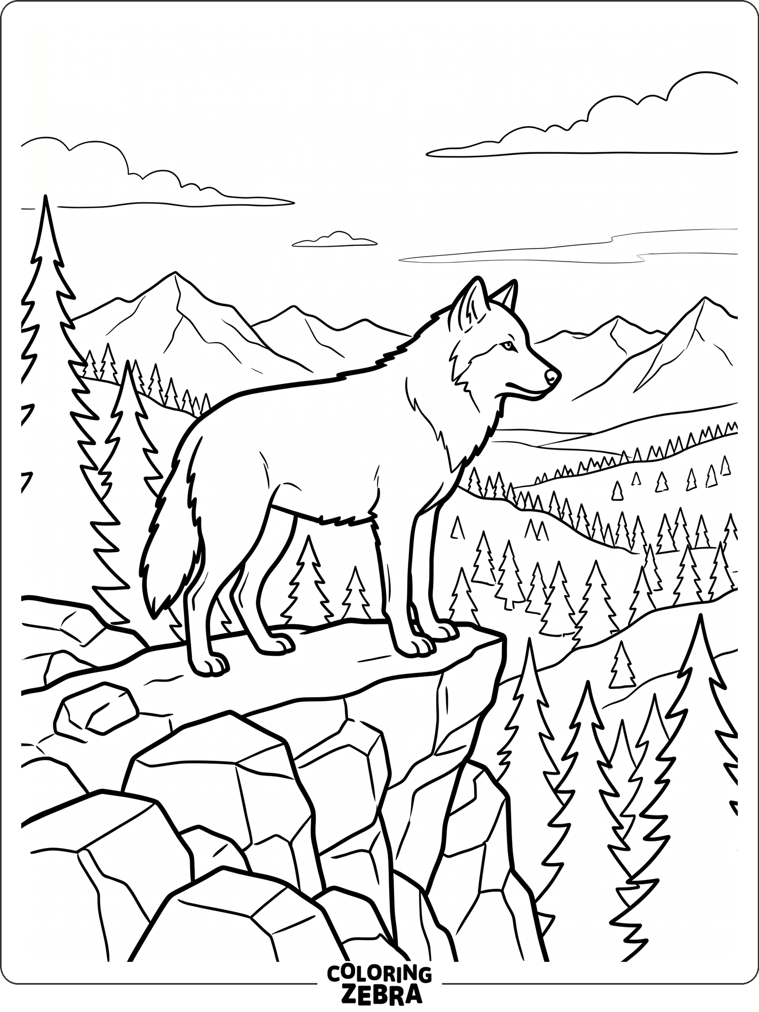 A wolf standing on a rocky ledge with pine trees behind it