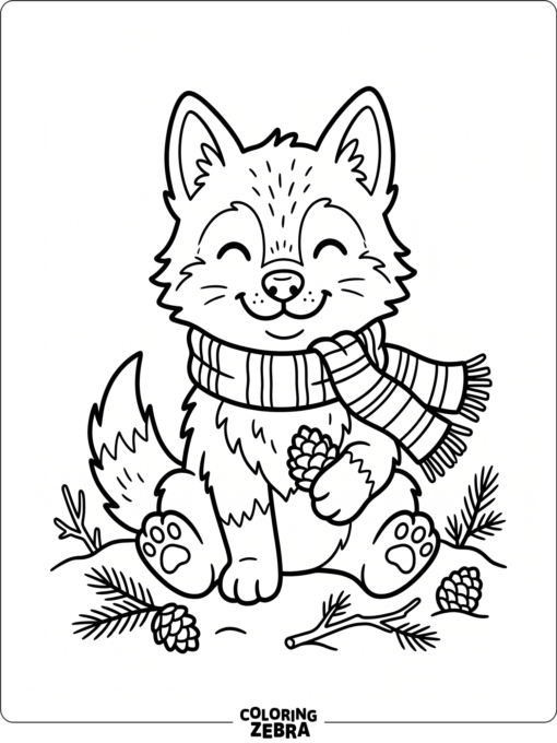 A smiling wolf cub wearing a scarf