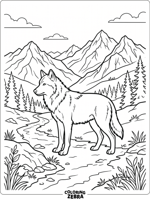 A wolf standing on a trail with mountains in the background