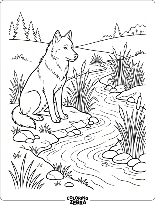 A wolf sitting near a stream with reeds and stones