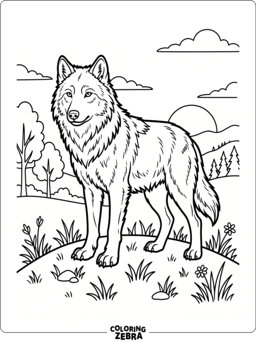 A wolf standing on a grassy hill