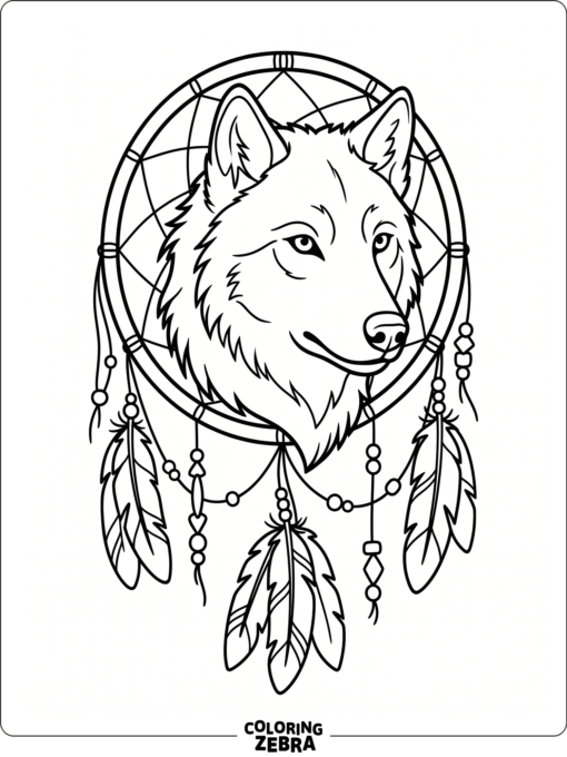 A wolf head with a dreamcatcher