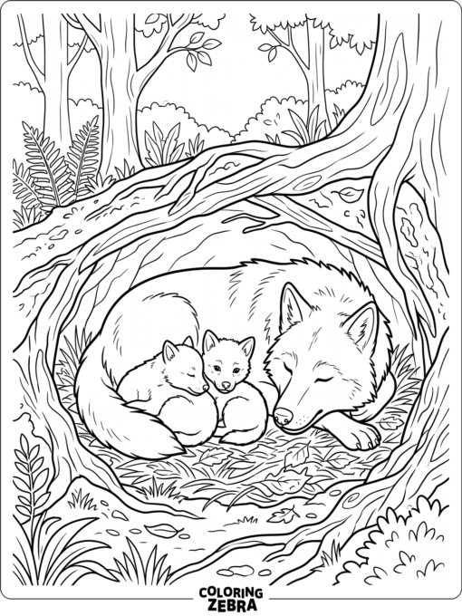 A wolf family resting in a forest den