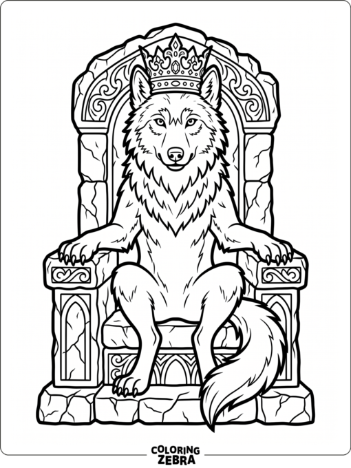 A wolf wearing a crown on a stone throne