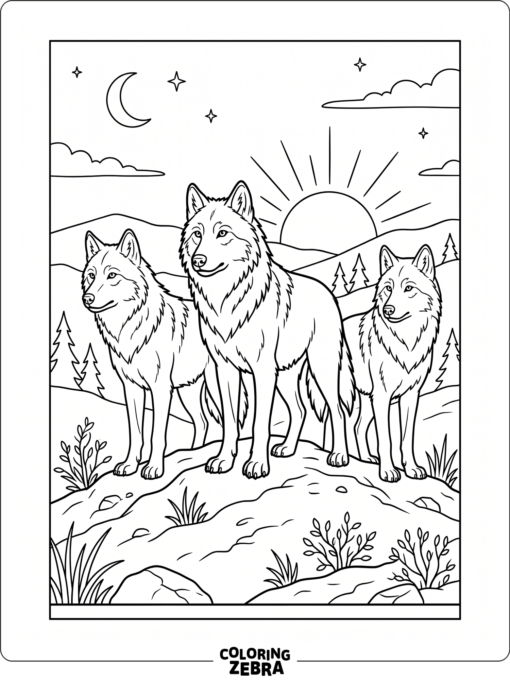 Three wolves standing together on a hill