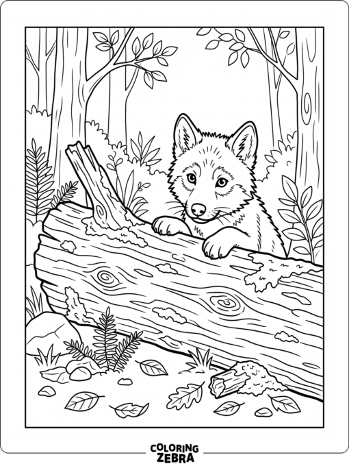 A wolf pup peeking from behind a log