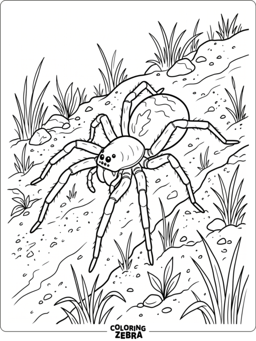 A wolf spider crossing sandy ground