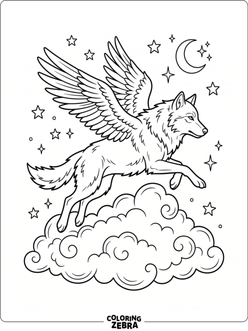 A winged wolf leaping over clouds and stars