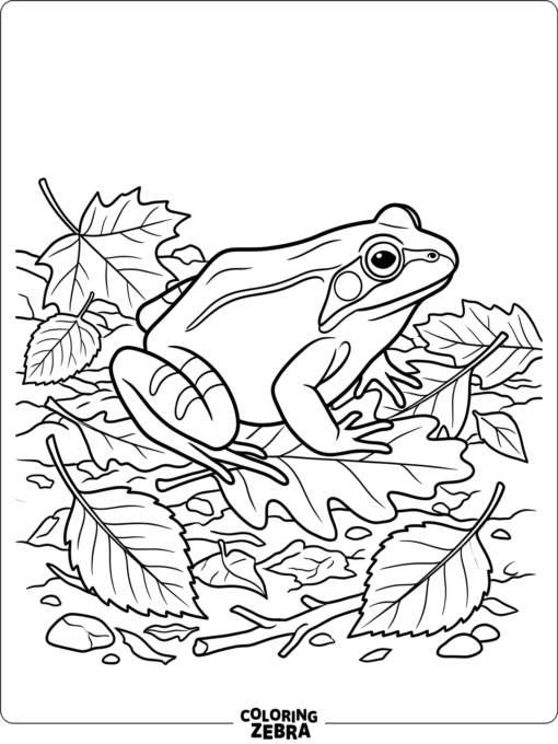 A wood frog on the forest floor with leaves