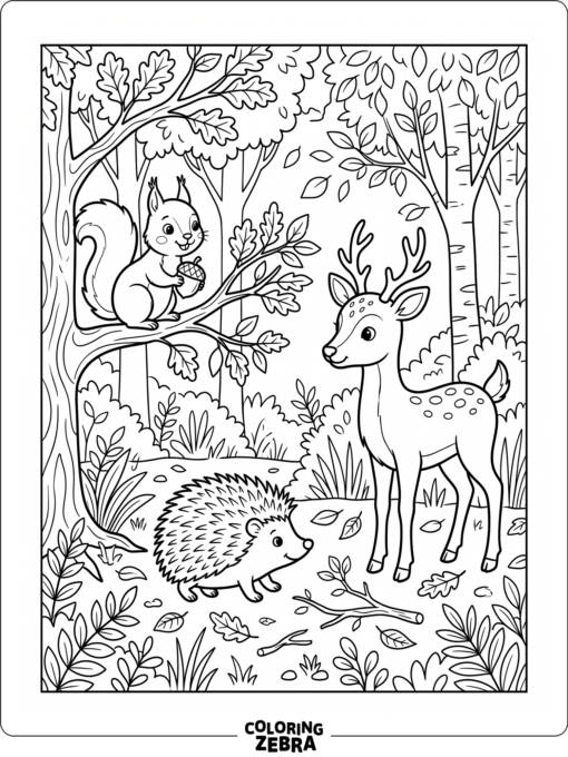 A squirrel, hedgehog, and deer in the woods