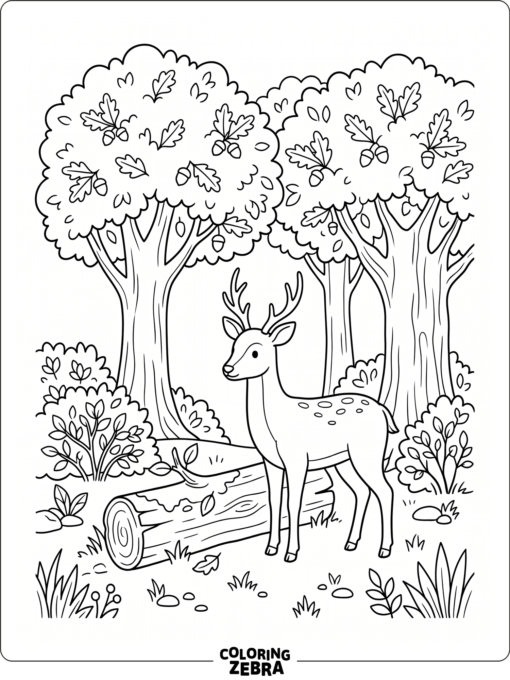 A quiet woodland with trees, bushes, and a deer
