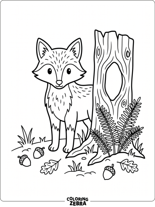 A woodland fox beside ferns and acorns