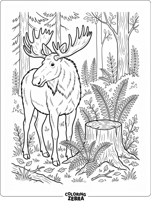 A moose in a woodland scene with ferns and a stump