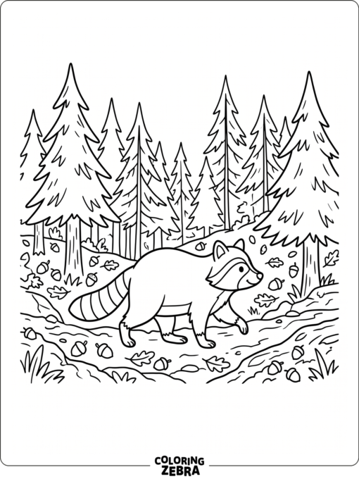 A raccoon walking through a pine forest