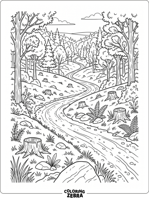 A wooded path with trees, stumps, and a dirt track