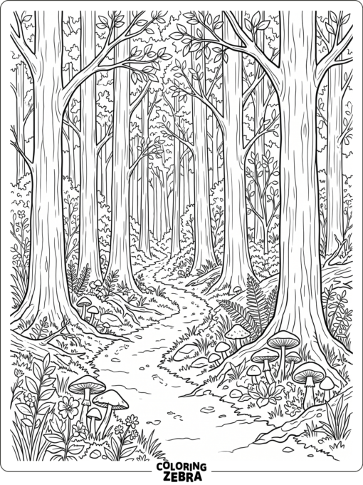 A wooded trail with tall trees and mushrooms