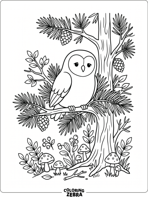 An owl resting in a pine tree with mushrooms