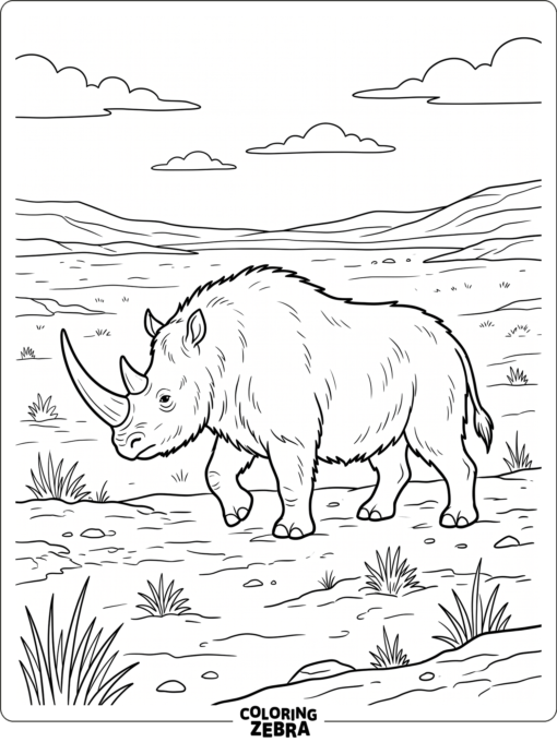 A woolly rhino walks across a cold plain