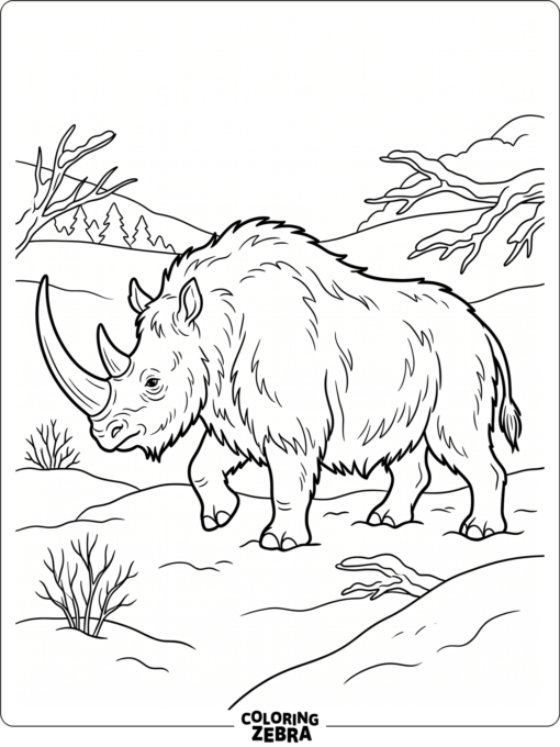 A woolly rhino stands on snowy ground