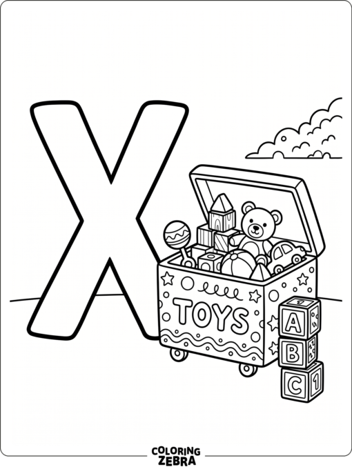 An X beside a toy box and blocks