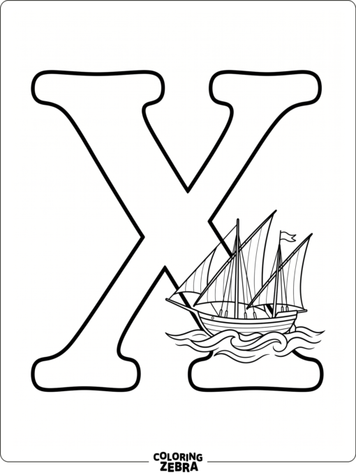 A xebec sails beside a large letter X on calm waves