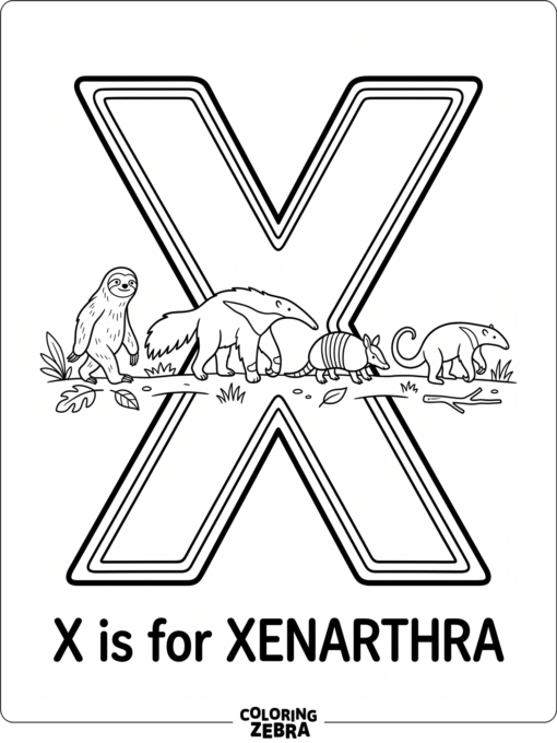 A simple group of xenarthra animals stands beside a large letter X