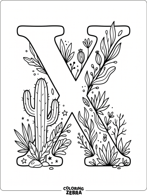 A xerophyte cactus stands beside a large letter X in a dry scene