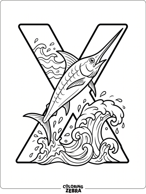 A swordfish swims beside a large letter X with wave splashes