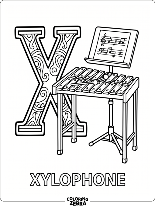 A letter X with a xylophone and mallets