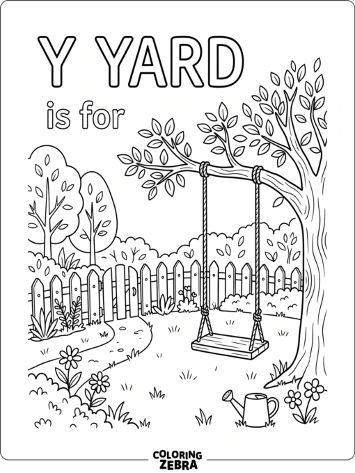 A yard scene with a swing and fence beside the letter Y