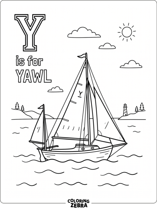 A small sailboat on calm water beside the letter Y