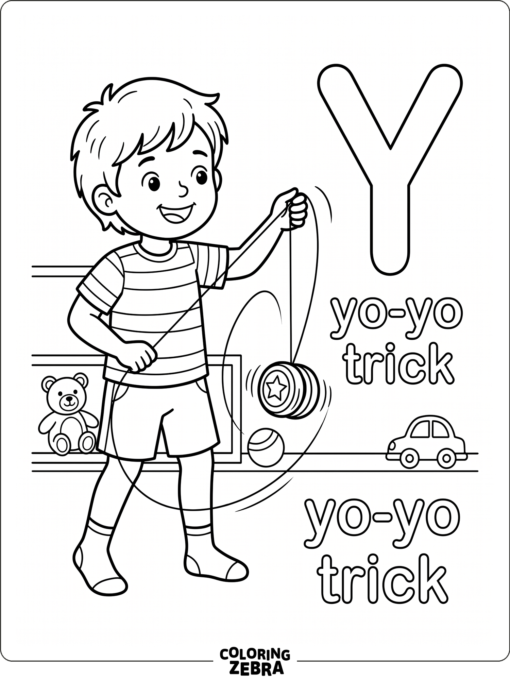 A child doing a yo-yo trick beside the letter Y